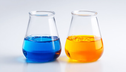 Two beakers filled with colorful liquid, one blue and the other orange, on a white background.