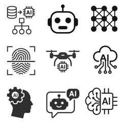 A set of artificial intelligence icons showing AI chip, robot, neural network, fingerprint scan, drone, cloud computing, human brain, and chatbot.