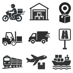 A set of logistics and transportation icons including delivery, warehouse, location, forklift, truck, road, train, airplane, and cargo ship.