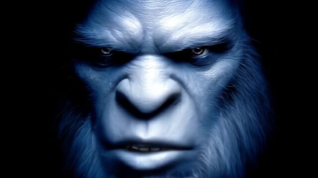 Mysterious creature portrait intense face with blue tones and dark background