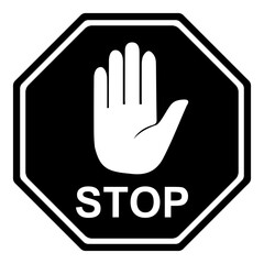 Obraz premium Black and white stop sign with a white open hand symbol and the word stop isolated on transparent background