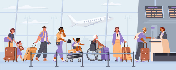 Diverse people with suitcases standing in line at the airport to check in flat vector illustration.