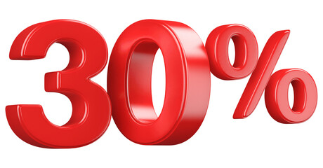30 Percent Off Red Glossy 3D Text Isolated Promotion Sale Discount Render