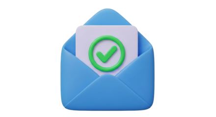 Blue envelope with white paper and green checkmark isolated on a transparent background mail