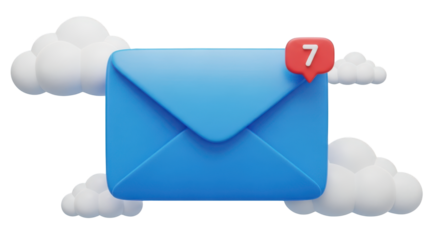 Blue envelope with notification badge and clouds isolated on a transparent background email