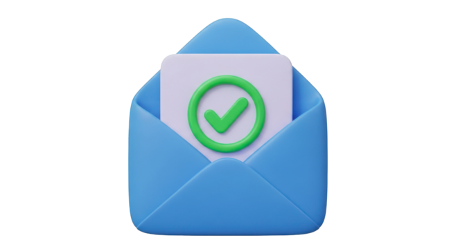 Blue envelope with white paper and green checkmark isolated on a transparent background mail