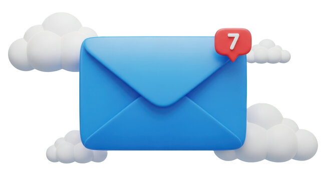 Blue envelope with notification badge and clouds isolated on a transparent background email