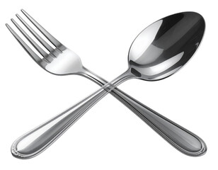 Shiny silver spoon and fork crossed isolated on transparent background PNG
