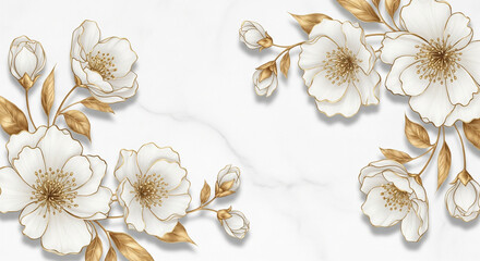 Elegant White and Gold Abstract Flowers on Marble Wallpaper. 3D relief wallpaper with Majestic 3D Wall Mural. floral landscapes. 3d floral art, floral wallpaper, Luxurious textile tile wall art