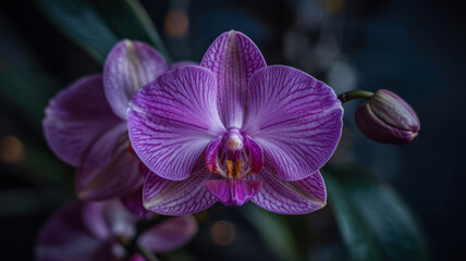 Closeup of a vibrant purple orchid in full bloom, showcasing its intricate details and delicate beauty in nature
