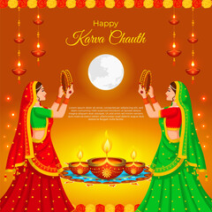 Obraz na płótnie Canvas Vector illustration of Happy Karwa Chauth social media template