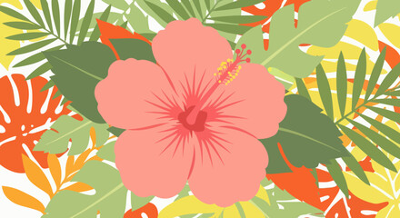 Floral pattern with a large pink hibiscus and varied tropical leaves