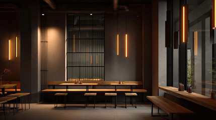 The image showcases a modern, dimly lit interior space, perhaps a restaurant or dining area, with a minimalist design