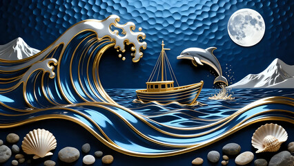 Ocean waves and dolphin l Wall Decor 