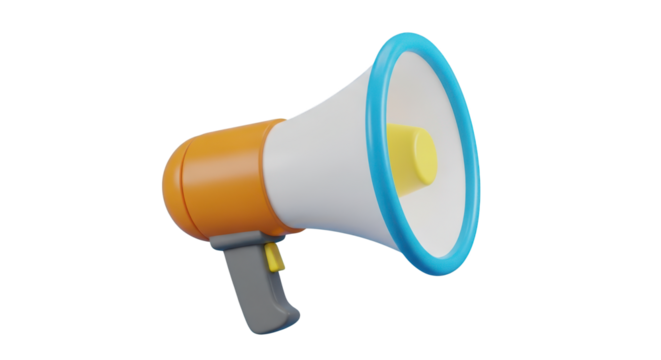 Brightly Colored 3D Megaphone with Blue Rim isolated on a transparent background bullhorn