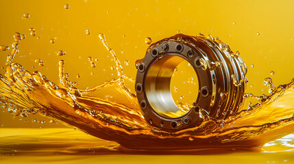 Fototapeta premium Closeup of metal ball bearing immersed in dynamic oil splash within lubrication system, symbolizing industrial mechanics, precision engineering, machinery performance and maintenance