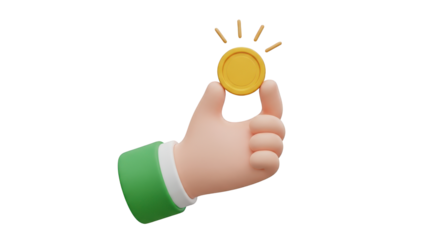 Cartoon hand holding a gold coin with radiating lines isolated on a transparent background