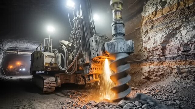 Heavy-duty drilling machine working in a dark underground mine with sparks flying.