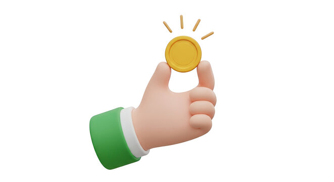 Cartoon hand holding a gold coin with radiating lines isolated on a transparent background