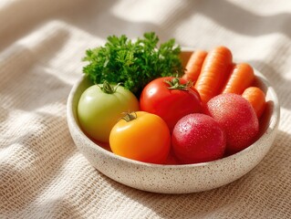 Vibrant Display of Colorful Heirloom Tomatoes and Carrots in a Ceramic Bowl on a Textured Surface