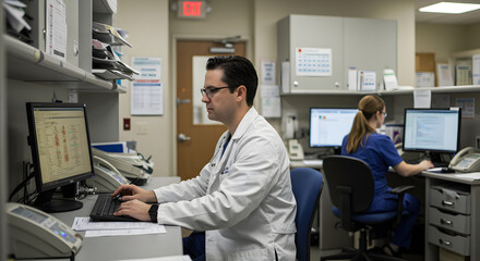 Medical professionals working at the computer in the office environment. The scene evokes professionalism, dedication, and expertise. 