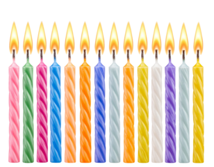 Colorful lit birthday candles with twisted wax isolated on transparent background PNG
