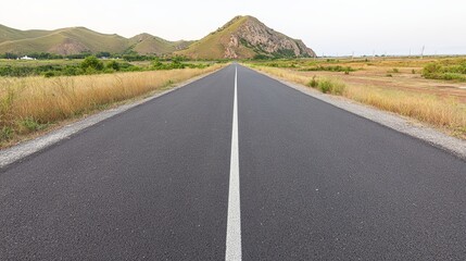 Fototapeta premium asphalt. Panoramic view of an empty road under cloudy skies, capturing a serene and open landscape. travel magazines, destination branding, designed for outdoor magazines and nature guides.