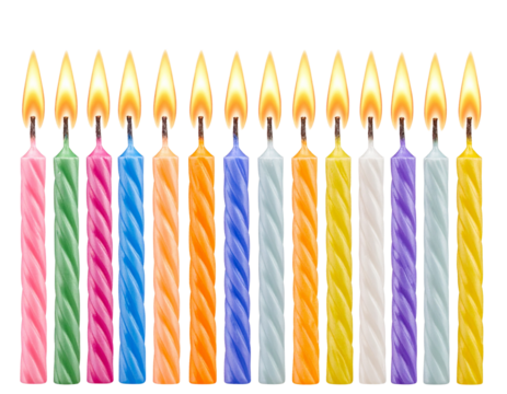 Colorful lit birthday candles with twisted wax isolated on transparent background PNG