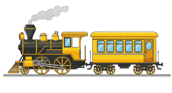Cartoon train with a passenger car attached on transparent background