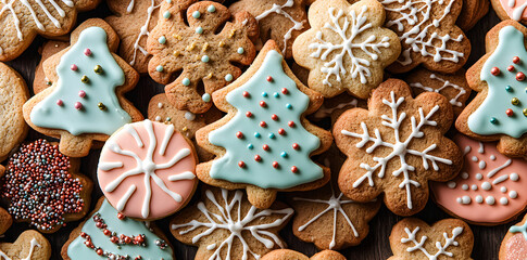 Heap of assorted sweet homemade Christmas cookies, festive gingerbread and decorated biscuits, traditional holiday pastries arranged for seasonal culinary background