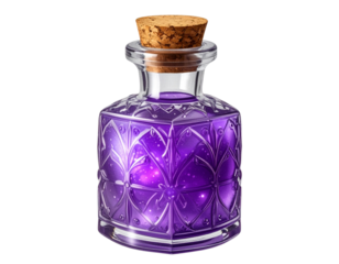 Purple mystical potion in antique glass vial with cork isolated on transparent background PNG