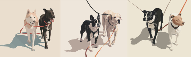 Fototapeta premium Four dogs of various breeds enjoy a pleasant stroll while being walked on leashes. The sun casts soft shadows as they move happily together.