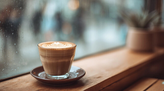 A cup of frothy drink sits on a saucer, placed on a wooden ledge, near a window. The frothy topping features an intricate leaf like design