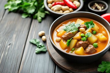 Delicious thai beef massaman curry with potatoes and fresh basil on a rustic wooden table