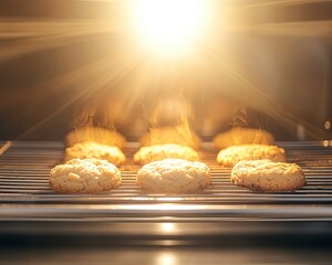 Cookies baking in oven, golden cookies baking with warm light reflection, delicious cookies baking in oven scene for food editorial, bakery marketing, and fresh homemade dessert concept