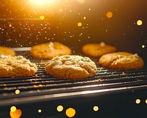 Cookies baking in oven with glowing bokeh, warm cookies baking in oven creating festive dessert mood, cookies baking in oven for bakery branding, holiday editorial, and homemade recipe design