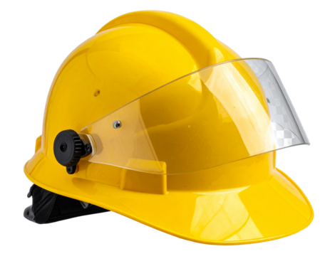 Bright yellow firefighter helmet with clear visor isolated on transparent background PNG