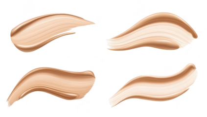 A collection of four smooth. creamy swatches of foundation makeup in various shades. artistically arranged on a clean white background. ideal for beauty product promotion and cosmetic tutorials
