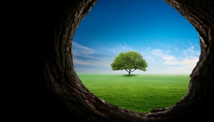 Realistic Large Tree With Tree Hole Framing Blue Sky Mirage And Green Grassland