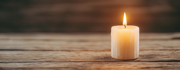 Candle still life glowing candlelight, warm candle still life on wooden table with soft reflection, single candle still life for meditation, relaxation, and minimalist spiritual mood