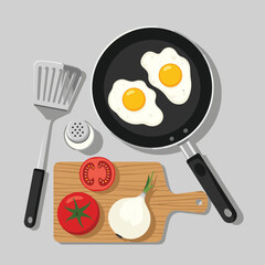 Wholesome breakfast scene with perfectly fried eggs, fresh tomatoes, onion, and cooking utensils ready for a delicious meal.
