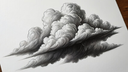 Realistic pencil drawing of dramatic cumulonimbus clouds emerging from white paper