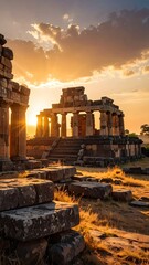 Ancient Stone Ruins Under Golden Sunset Sky Cinematic HDR Photography
