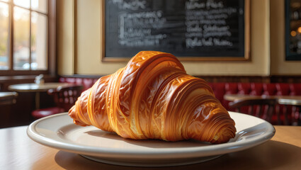 Golden croissant on plate in cozy cafe with chalkboard menu in background