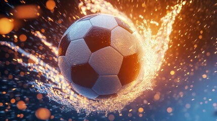 Dynamic soccer ball action amidst a flurry of water droplets and golden bokeh