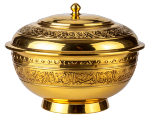 Decorative golden antique bowl with Arabic script and lid isolated on transparent background PNG
