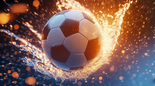 Dynamic soccer ball action amidst a flurry of water droplets and golden bokeh
