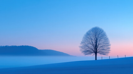 Light and Shadow, Silhouette of a tree against a foggy morning backdrop, conveying a serene and tranquil atmosphere.