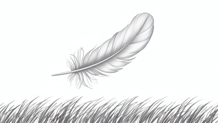 Delicate feather floating gracefully above realistic tall grass in monochrome artistic rendering