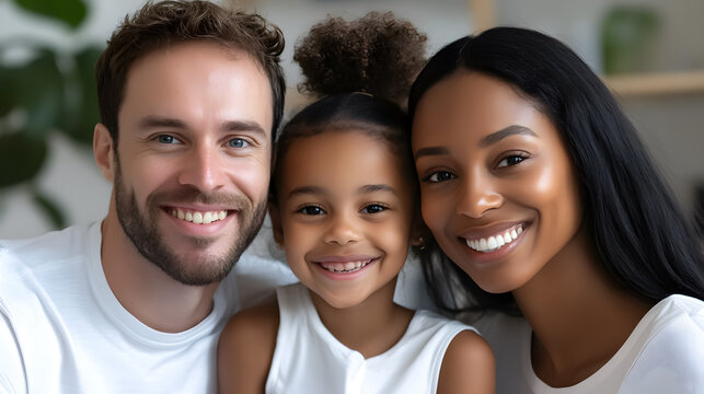 A close-up portrait of a mixed-race family - a white father, a Black mother, and their biracial daughter - all smiling at the camera. - Powered by Adobe